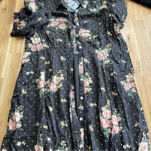 American Eagle Floral Button Front Midi Dress Black Polka Dot Roses Size L NWT